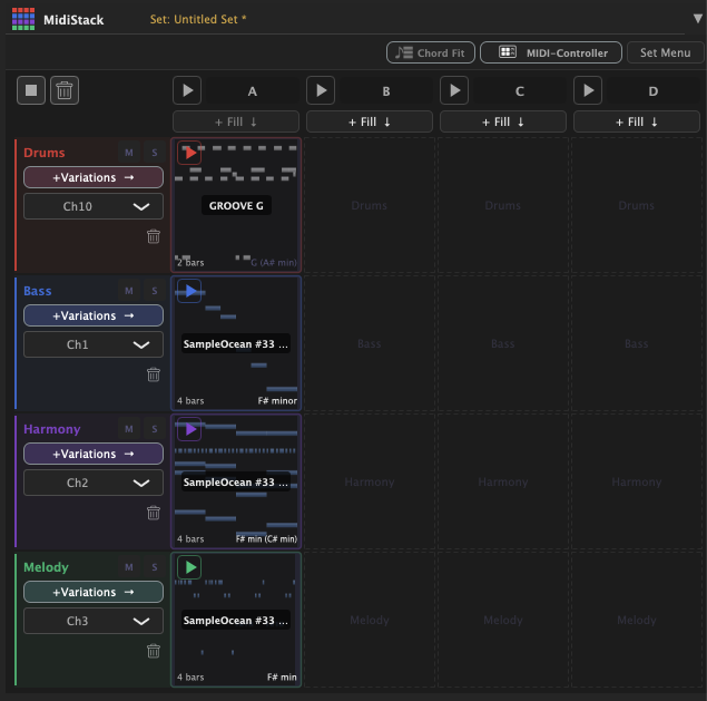 MidiStack: 4x4 grid layering up to 16 MIDI files with row-based playback